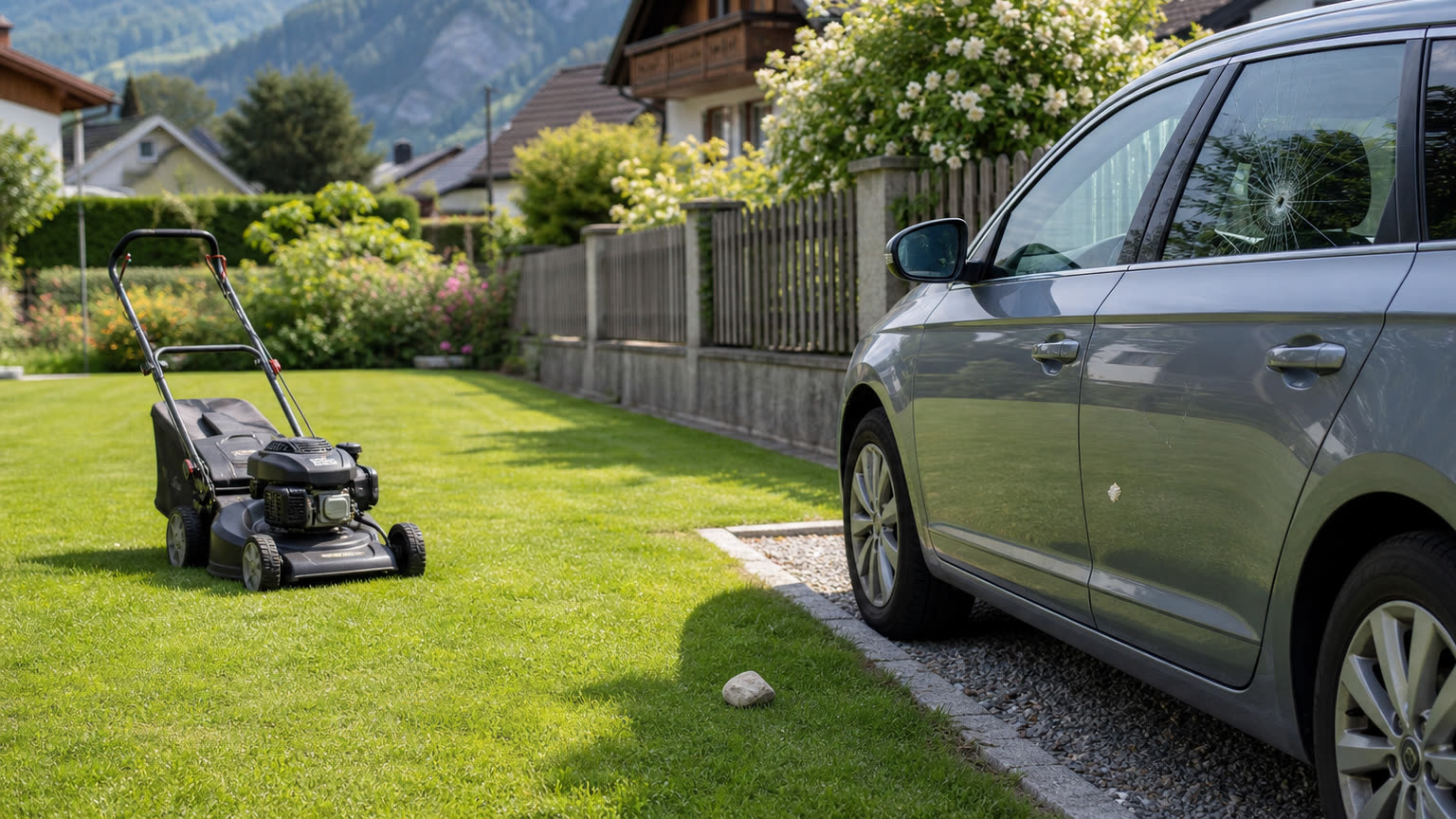 Rasenmäher schleudert Stein ins Nachbarauto: Welche Versicherung zahlt in Österreich?
